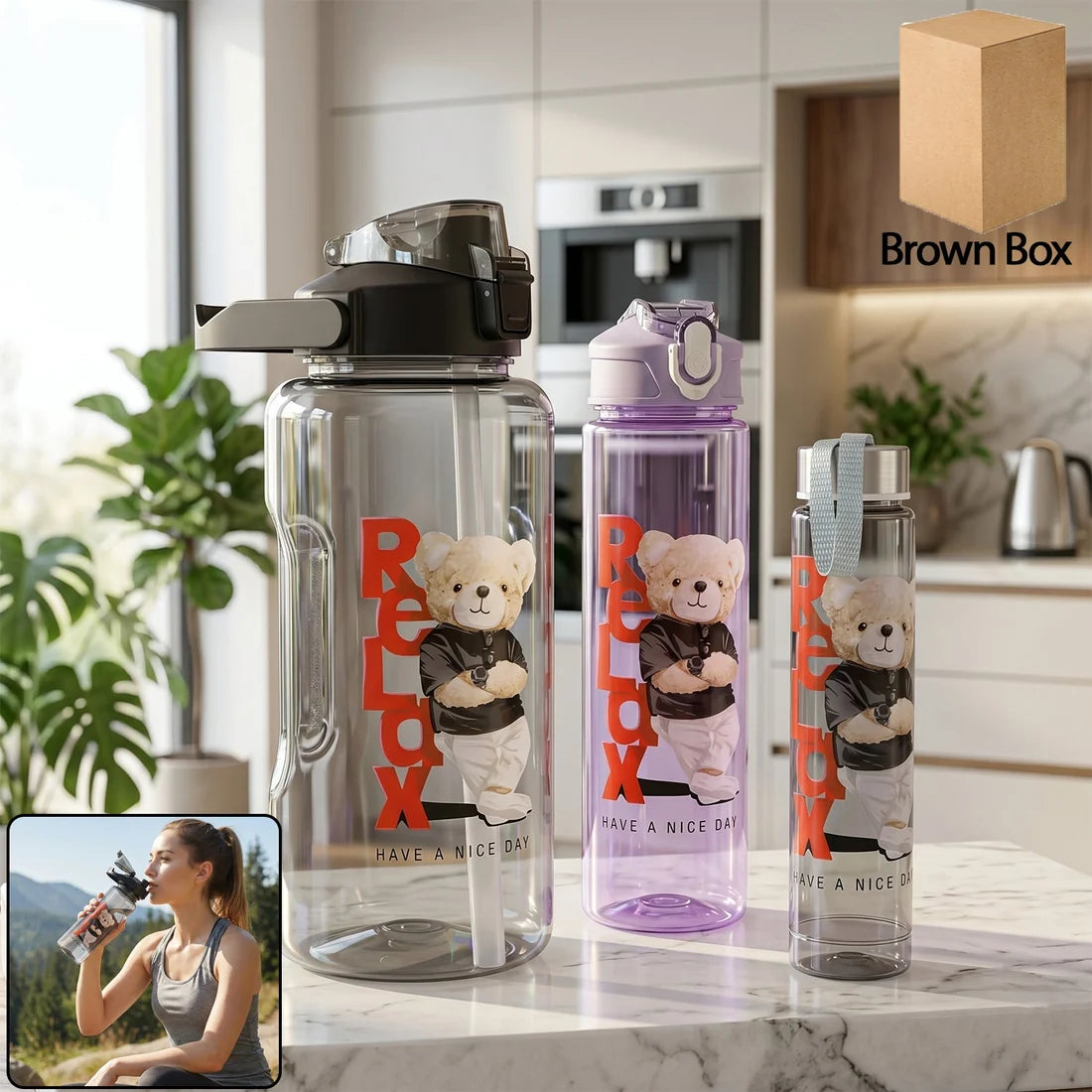 8403 Plastic Water Bottle 3pc Set3 Different Size Bottle High Quality Water Bottle Plastic Water Bottle Bpa-free Leak-proof Cartoon Printed Design For Kids School For Fridge Office Sports School Gym Yoga (3 Pc Set)