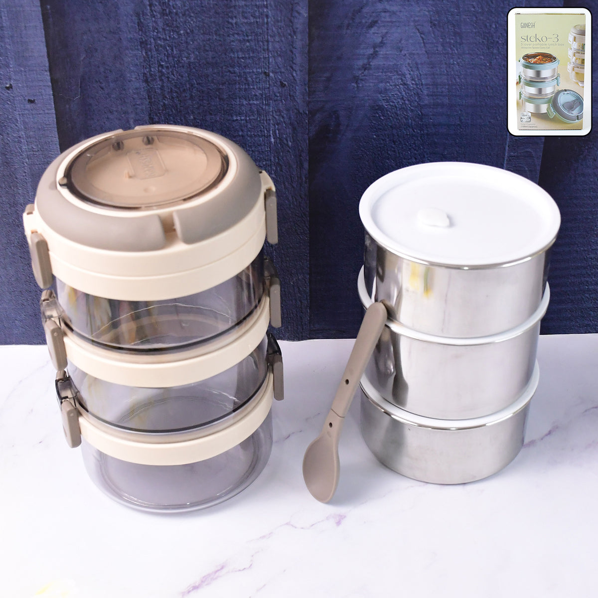 Ganesh Steko-3 Triple Layer Stainless Steel Insulated Lunch Box Set