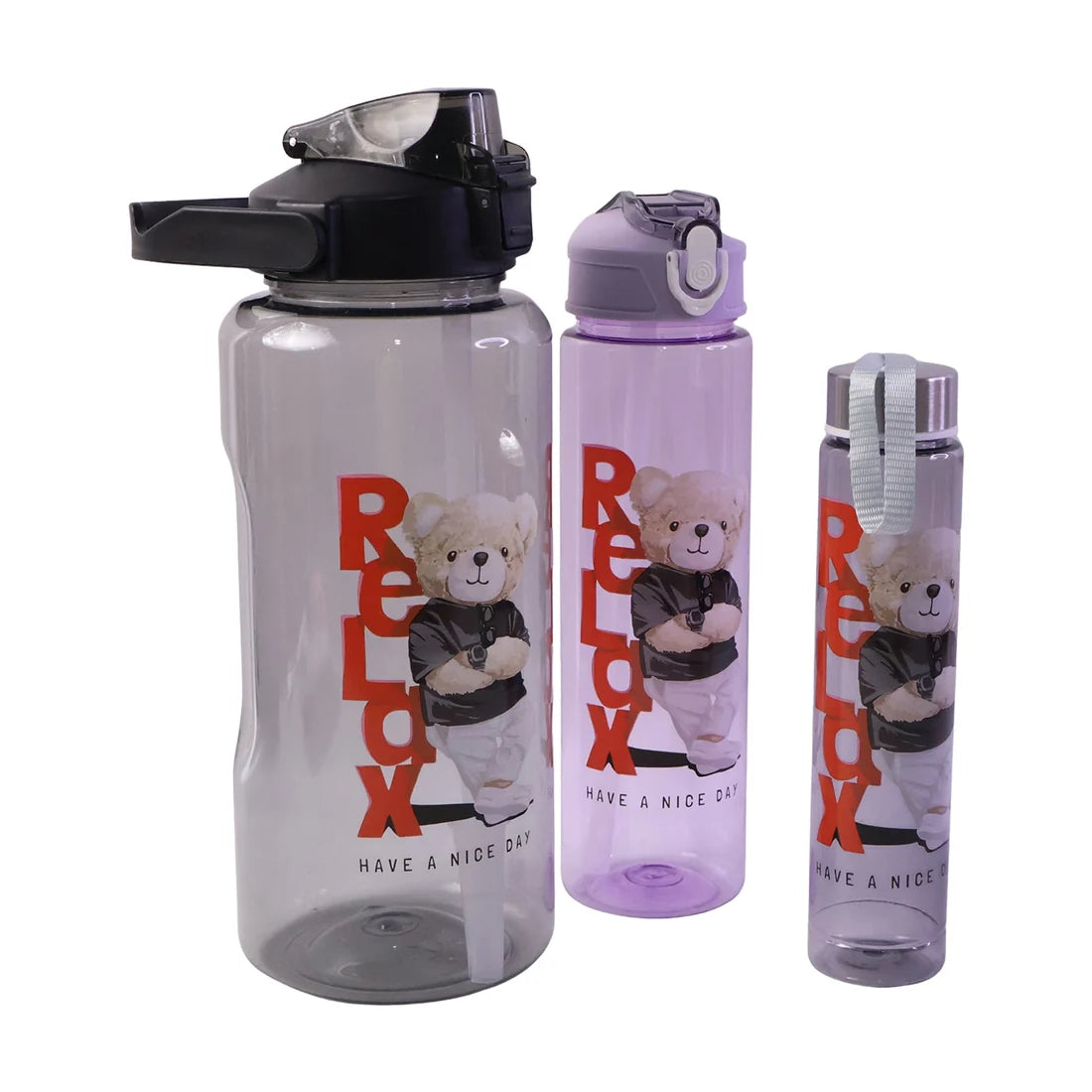 8403 Plastic Water Bottle 3pc Set3  Different Size Bottle High Quality Water Bottle Plastic Water Bottle Bpa-free  Leak-proof  Cartoon Printed Design For Kids School For Fridge Office Sports School Gym Yoga (3 Pc Set)