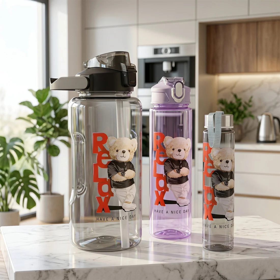 8403 Plastic Water Bottle 3pc Set3  Different Size Bottle High Quality Water Bottle Plastic Water Bottle Bpa-free  Leak-proof  Cartoon Printed Design For Kids School For Fridge Office Sports School Gym Yoga (3 Pc Set)