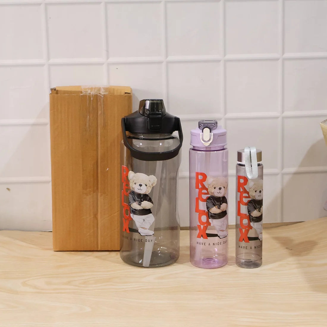 8403 Plastic Water Bottle 3pc Set3  Different Size Bottle High Quality Water Bottle Plastic Water Bottle Bpa-free  Leak-proof  Cartoon Printed Design For Kids School For Fridge Office Sports School Gym Yoga (3 Pc Set)