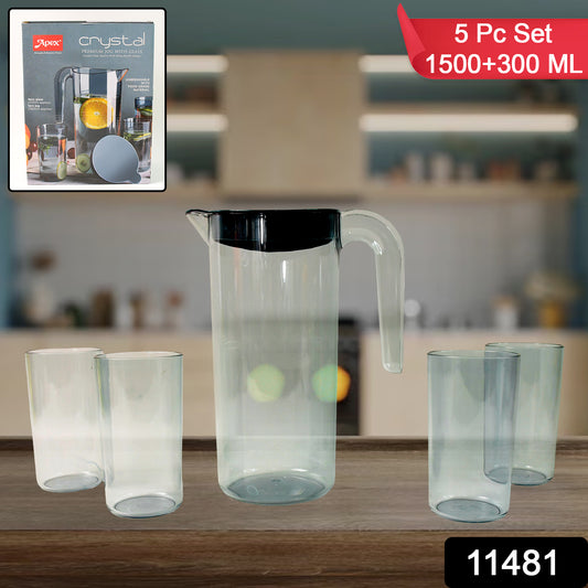 Apex Crystal Premium Jug With Lid  4 Pcs Glass (1500 Ml  300 Ml Approx  5 Pcs Set)