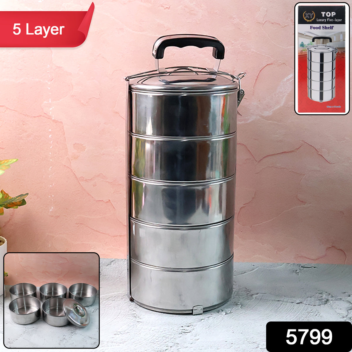 5799 Big Size 5 Compartment Lunch Box Stainless Steel Round Tiffin Traditional Tiffin Box For Kids College Office Men And Women Meal Holder With Locking Clip 5 Containers (16x5 Inch)