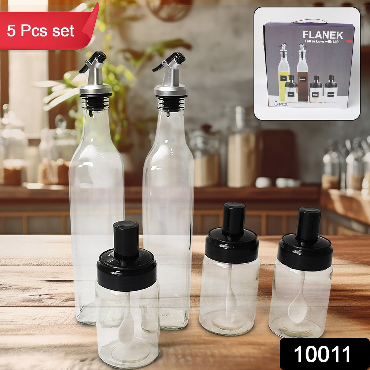 10011 Transparent Glassoil Dispenser 500 Ml Bottle Set Of 2 Spice Jar 250 Ml Set Of 3 Oil Bottle For Kitchen Oil  Vinegar Storage Glass Bottle Glass Container For Spice Masala (5 Pcs Set)