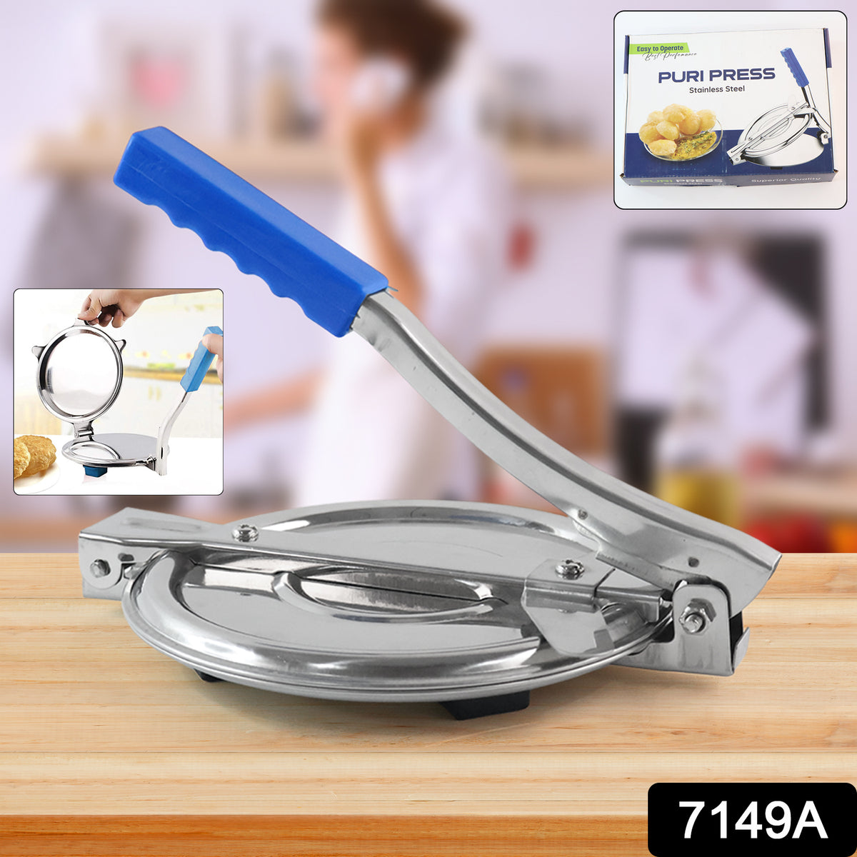 7149a Puri Press Maker - Stainless Steel Puri Maker Press Machine - Roti Chapati Presser For Home - Papad-khakhra- Puri Maker Press Machine With Handle Manual Puri Maker (Medium)