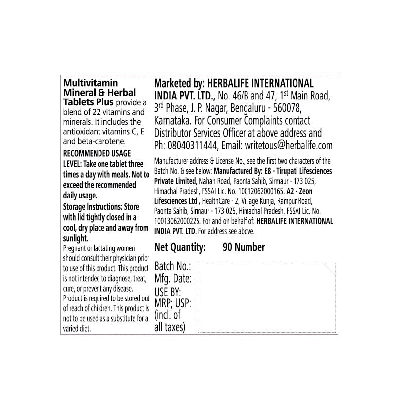 Multivitamin Mineral and Herbal Tablets Plus 90 Tablets
