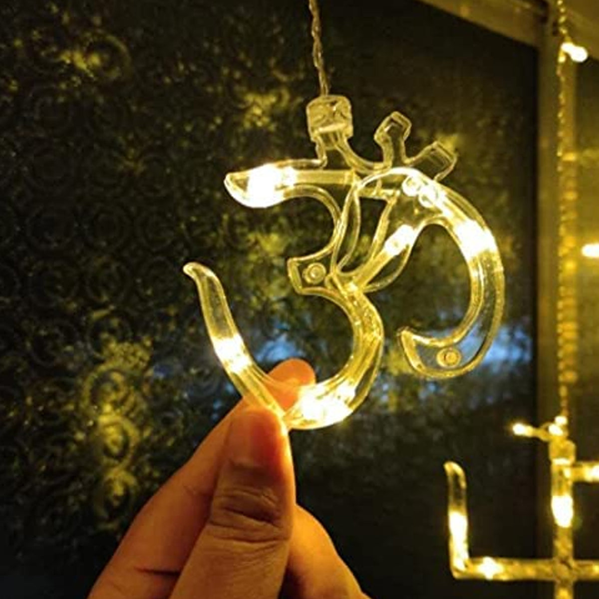 8320 Swastik Om Curtain Decorative Lights String Lights With 12 Hanging Props138 Led Diwali Decoration Items For Home Decor Night Light Room Lights For Bedroom Balcony Decor.