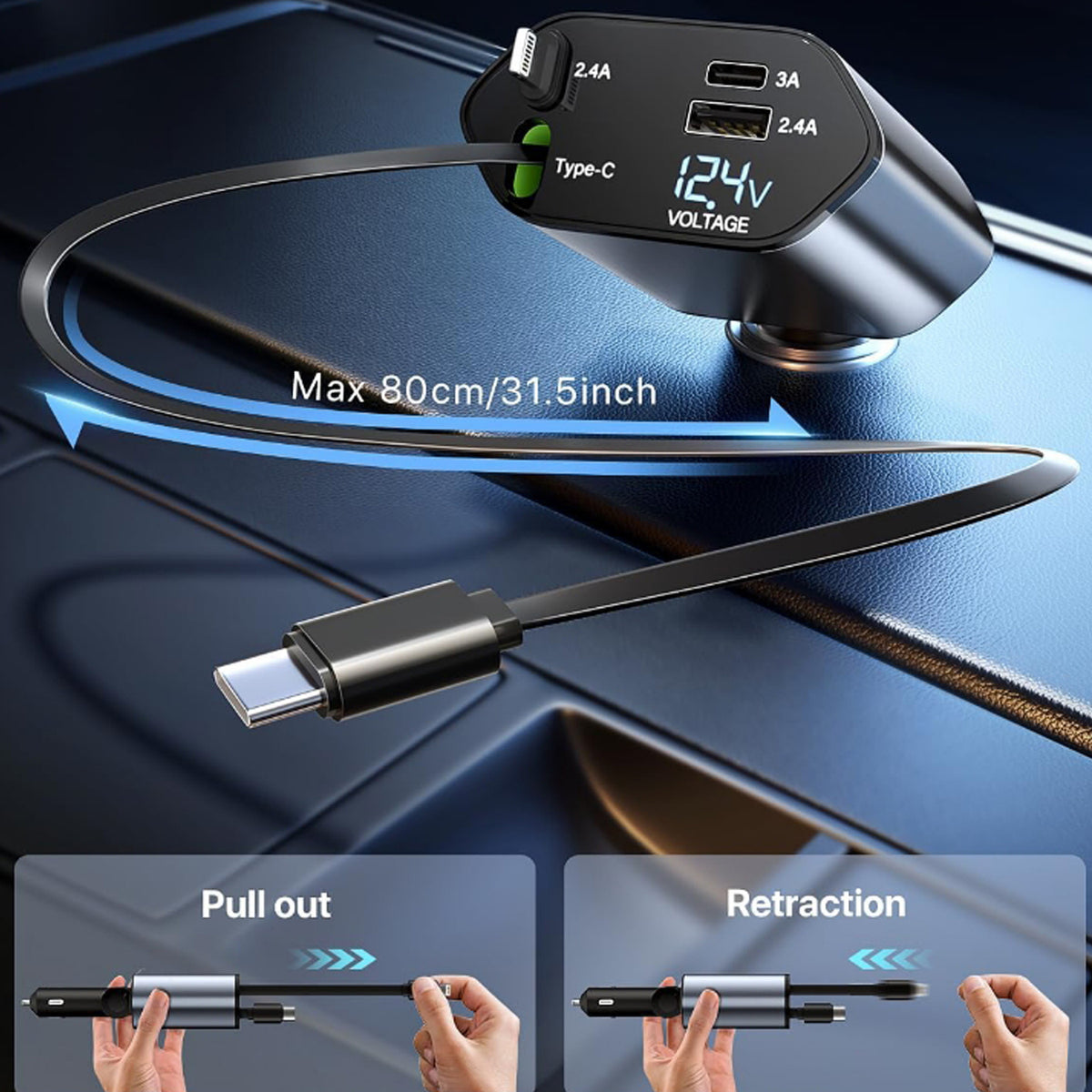 4-in-1 Super Fast Car Charger With Dual Built-in Cables Dual Usb Ports