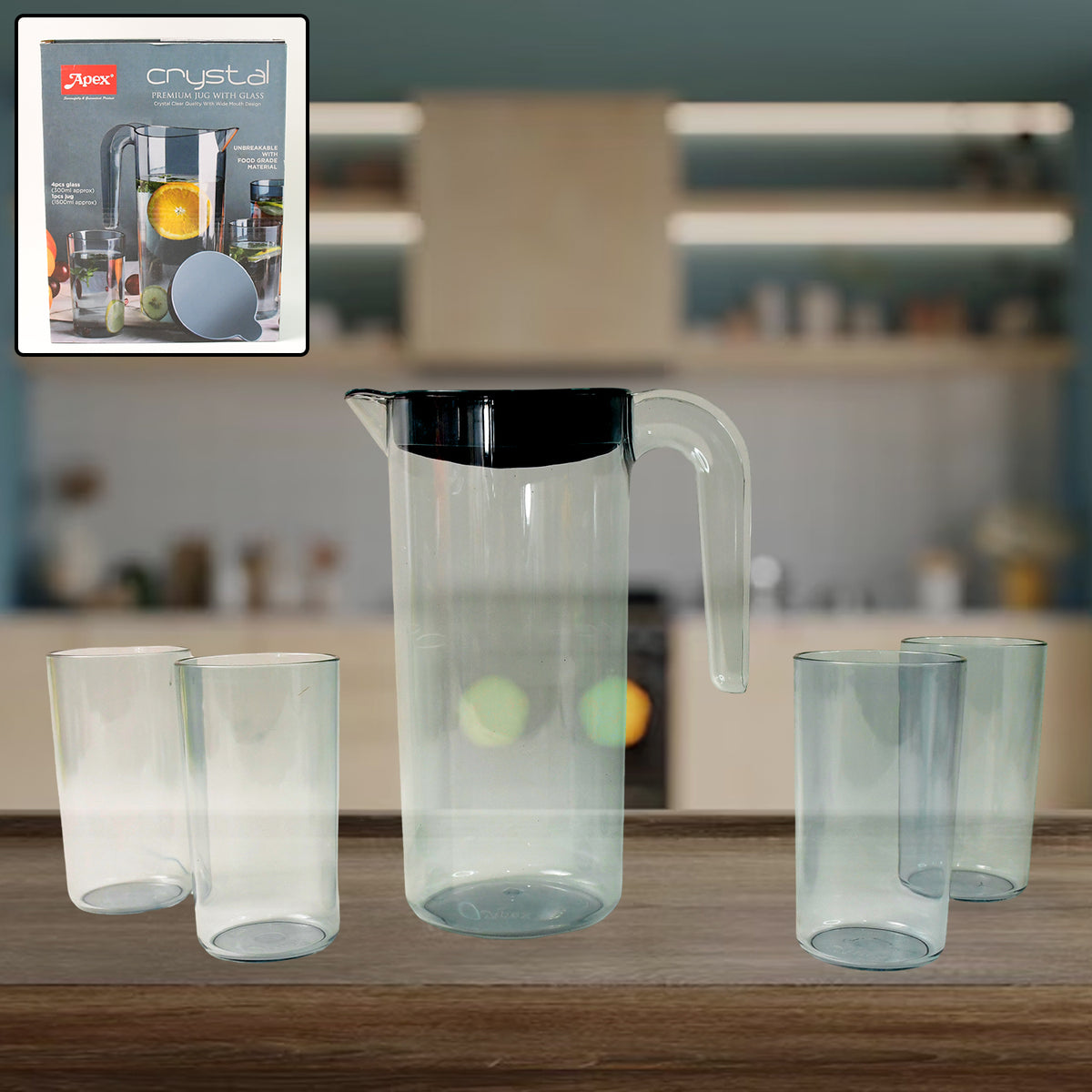Apex Crystal Premium Jug With Lid  4 Pcs Glass (1500 Ml  300 Ml Approx  5 Pcs Set)