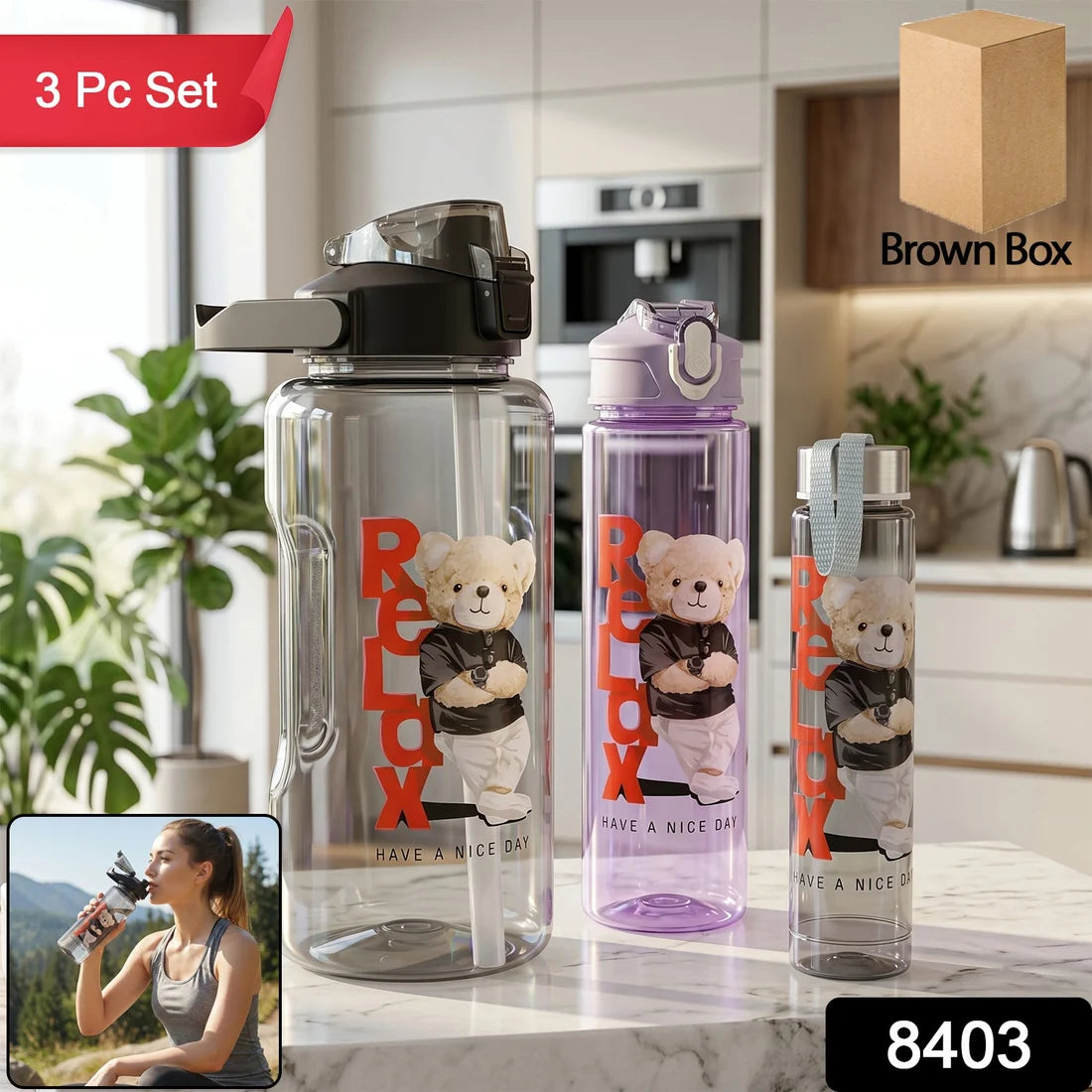 8403 Plastic Water Bottle 3pc Set3  Different Size Bottle High Quality Water Bottle Plastic Water Bottle Bpa-free  Leak-proof  Cartoon Printed Design For Kids School For Fridge Office Sports School Gym Yoga (3 Pc Set)