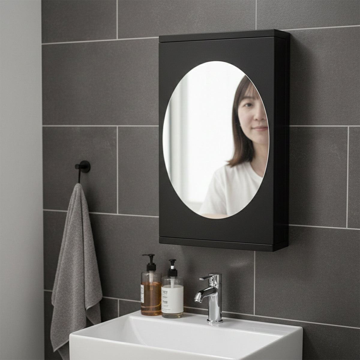 Wall Mounted Black Rotating Storage Cabinet Organizer (1 Pc 22x42 Cm)