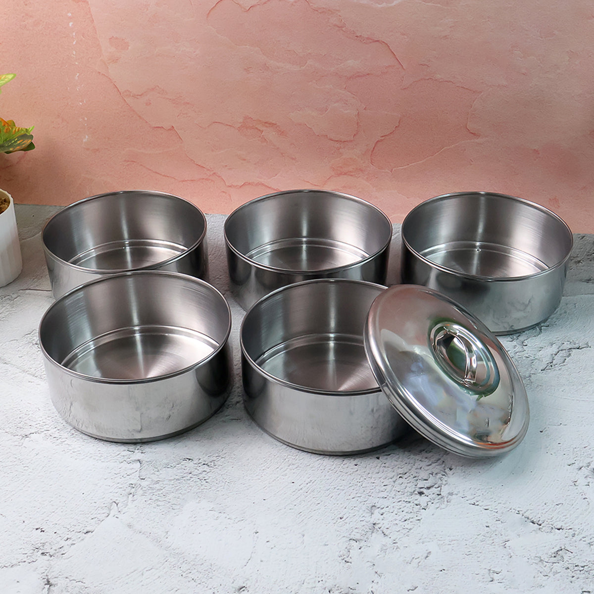 5799 Big Size 5 Compartment Lunch Box Stainless Steel Round Tiffin Traditional Tiffin Box For Kids College Office Men And Women Meal Holder With Locking Clip 5 Containers (16x5 Inch)